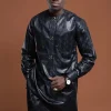 Men's Big and Tall African Inspired Bazin Black Two-Piece Set for Modeling