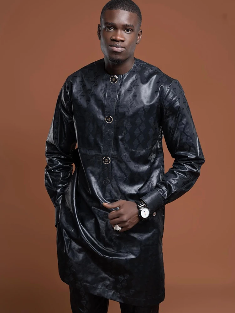 Men's Big and Tall African Inspired Bazin Black Two-Piece Set for Modeling