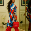 Handmade African Kaftan Tunic Set: Floral Print Ankara Top & Red Pants