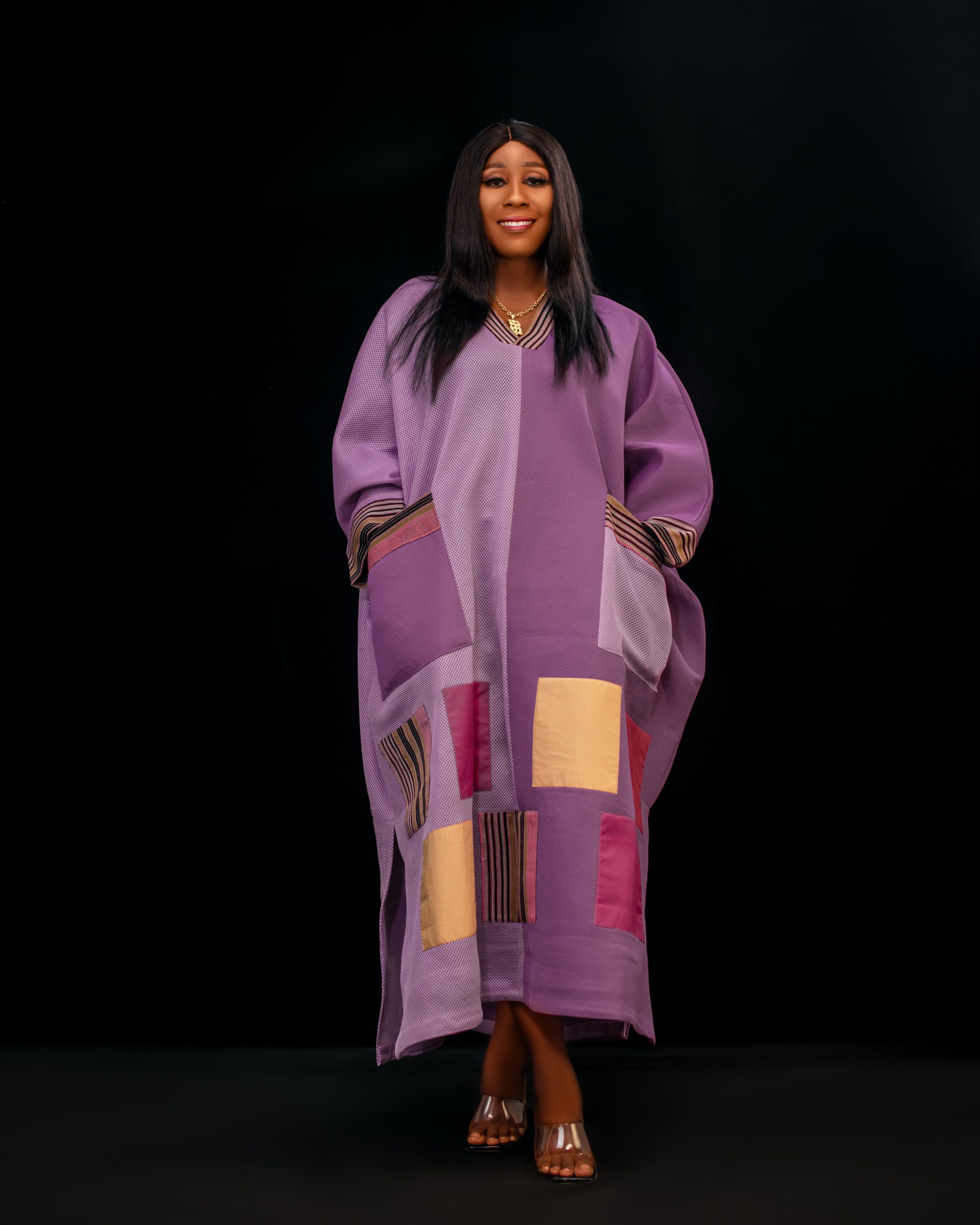 Free-Size African Bubu Dress | Plus-Size African Dress for Women | Purple Patchwork Scuba Net Kaftan Dress | Handmade African Maxi Gown - Image 2