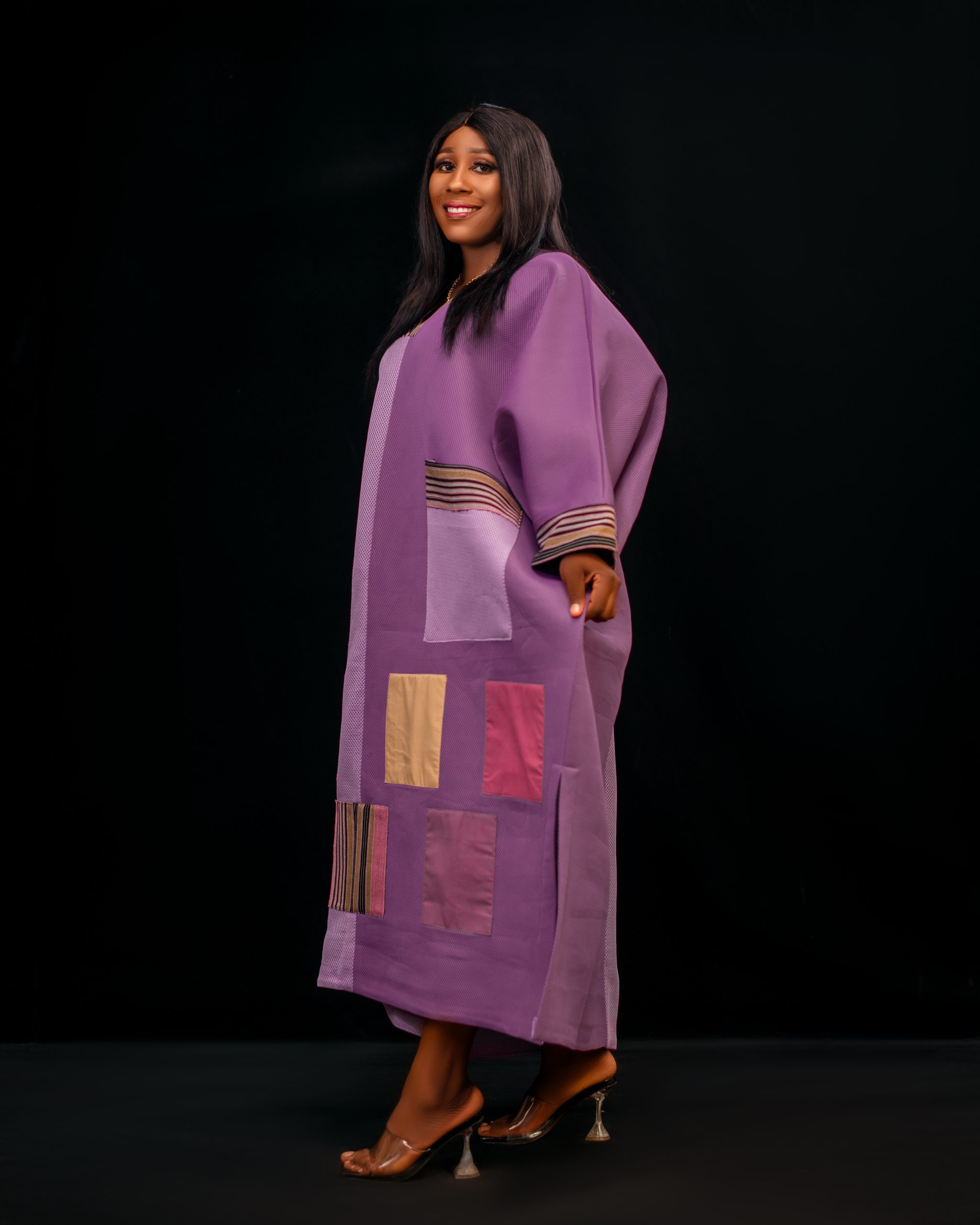 Free-Size African Bubu Dress | Plus-Size African Dress for Women | Purple Patchwork Scuba Net Kaftan Dress | Handmade African Maxi Gown - Image 4