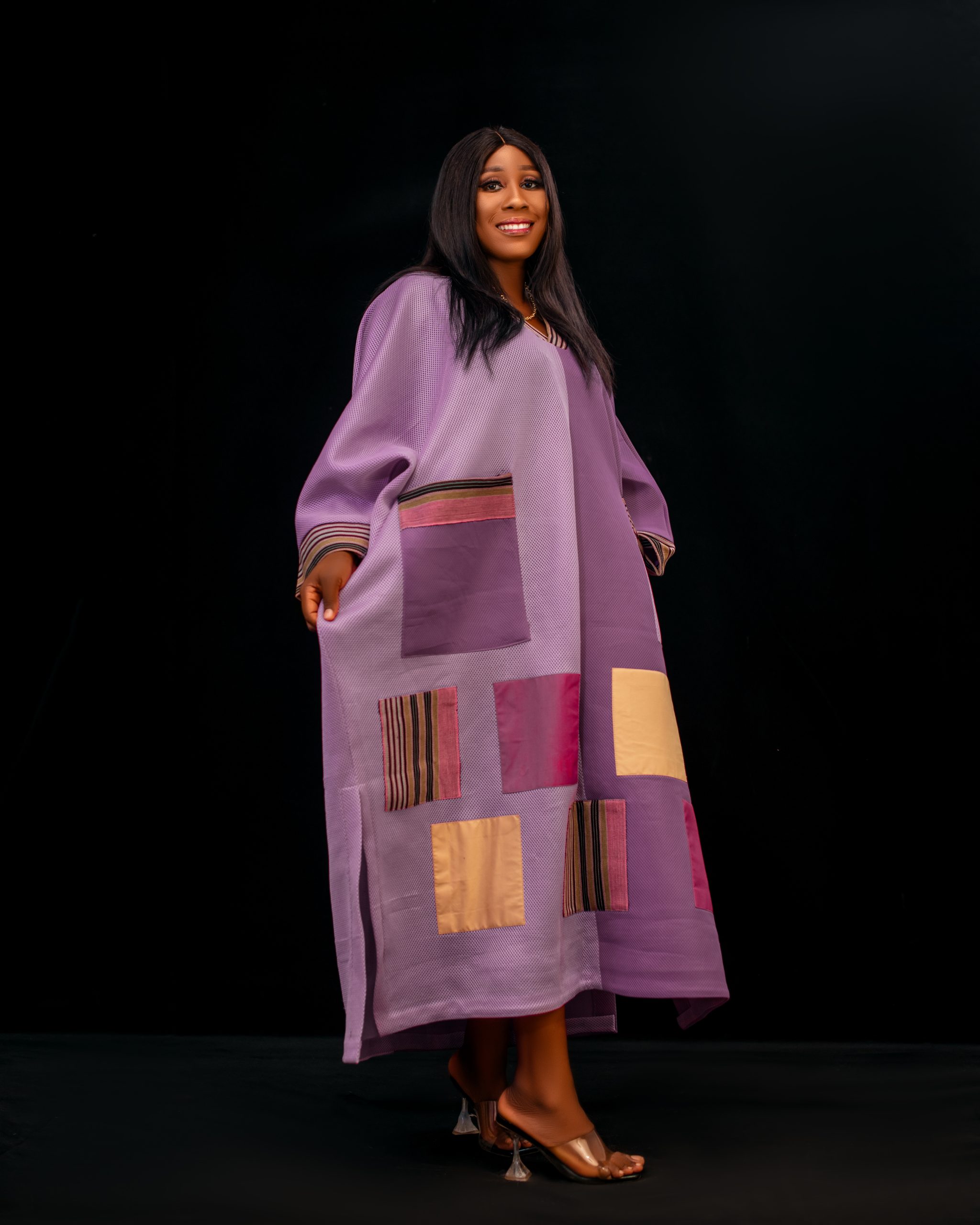 Free-Size African Bubu Dress | Plus-Size African Dress for Women | Purple Patchwork Scuba Net Kaftan Dress | Handmade African Maxi Gown - Image 3