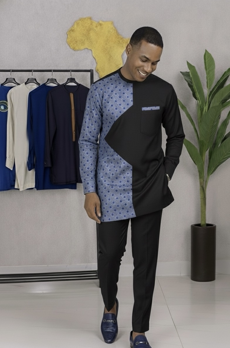 Men’s Men’s Two-Tone African Senator Suit – White & Blue Polka Premium Kaftan Set - Image 2