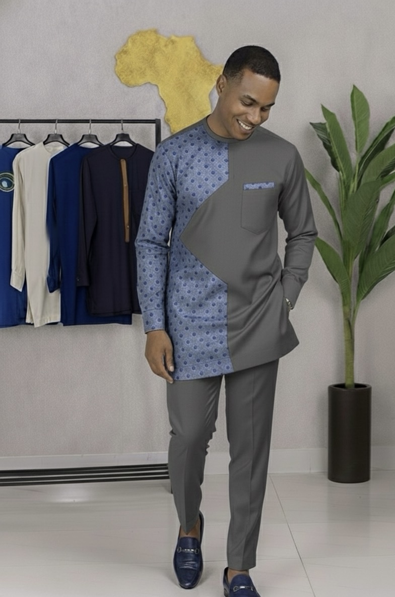 Men’s Men’s Two-Tone African Senator Suit – White & Blue Polka Premium Kaftan Set - Image 3