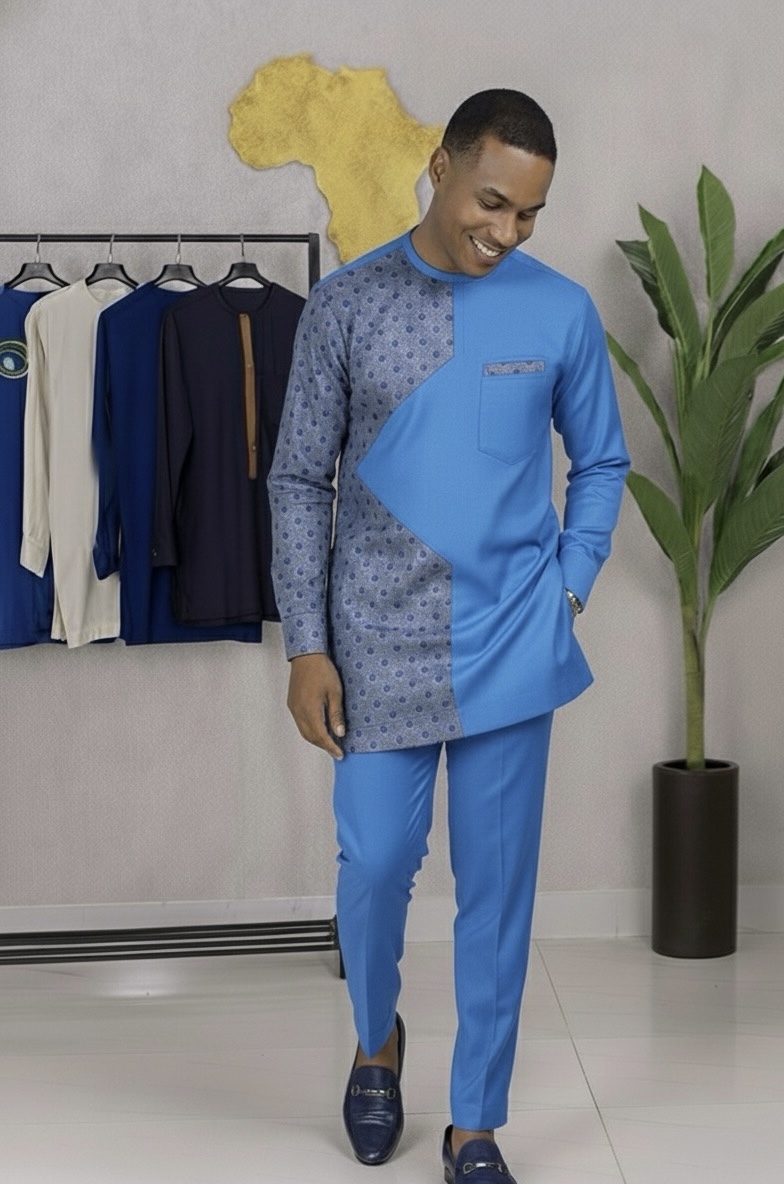 Men’s Men’s Two-Tone African Senator Suit – White & Blue Polka Premium Kaftan Set - Image 7