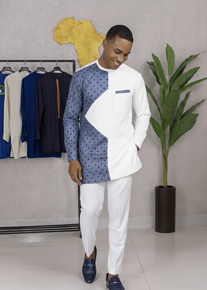 Men’s Men’s Two-Tone African Senator Suit – White & Blue Polka Premium Kaftan Set