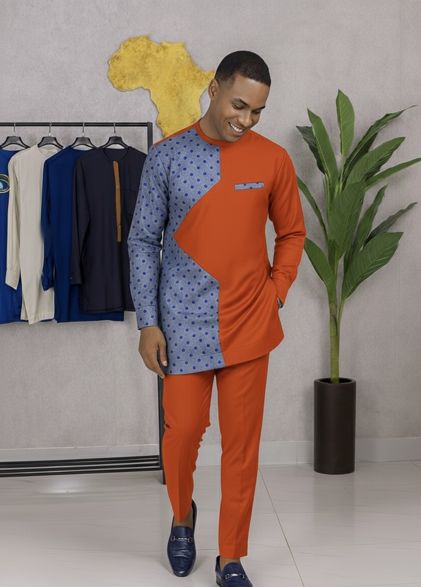 Men’s Men’s Two-Tone African Senator Suit – White & Blue Polka Premium Kaftan Set - Image 5