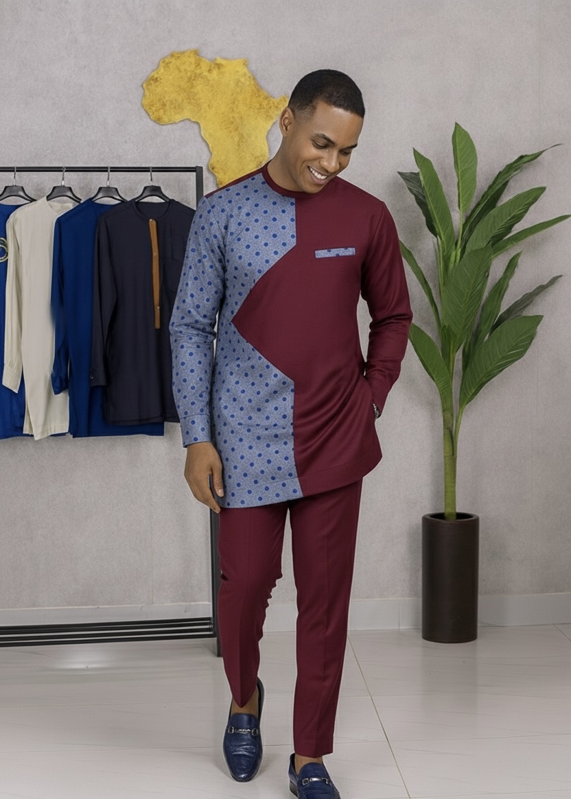 Men’s Men’s Two-Tone African Senator Suit – White & Blue Polka Premium Kaftan Set - Image 4