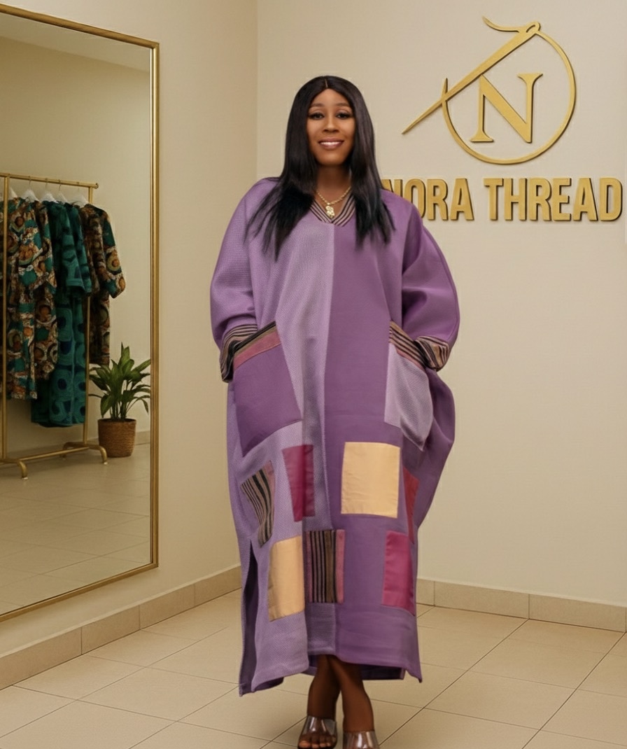 Free-Size African Bubu Dress | Plus-Size African Dress for Women | Purple Patchwork Scuba Net Kaftan Dress | Handmade African Maxi Gown
